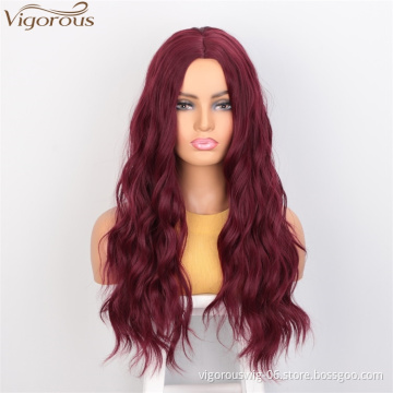 Vigorous High Temperature Long Wavy Wig Middle Part Synthetic Red Wigs For Black Women Cosplay Party Wigs Wholesale Price